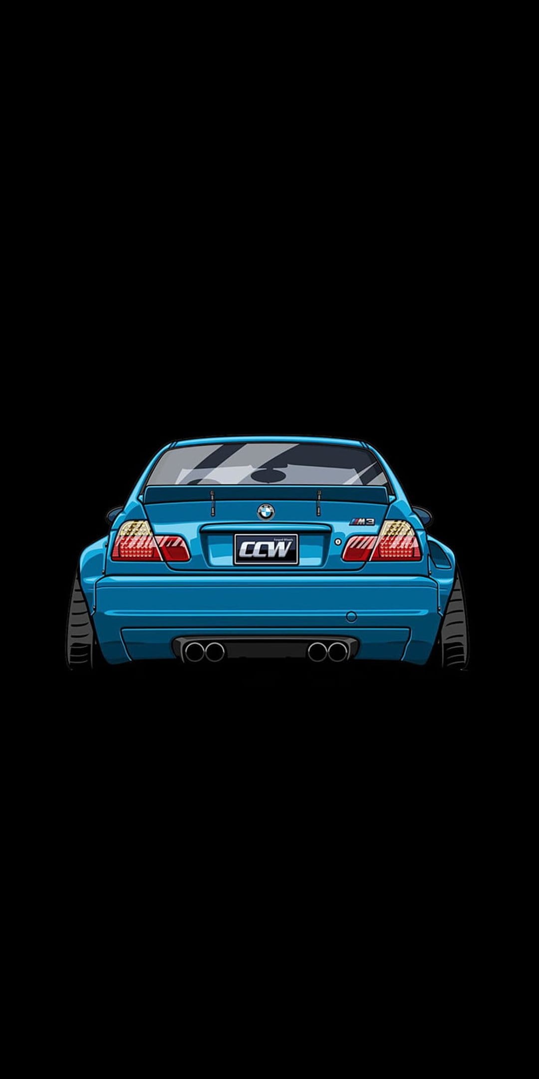 Blue BMW M3 sedan rear view with dual exhausts and red taillights on a dark background in a stylized art style.
