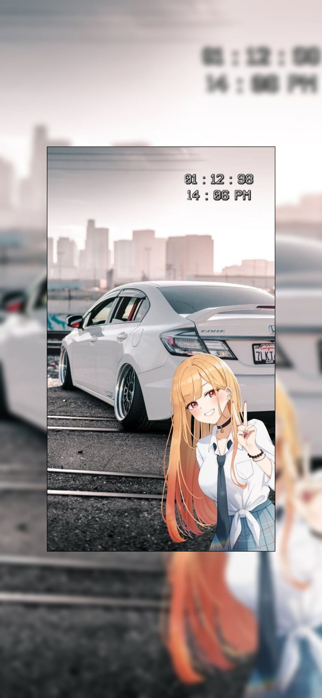 Orange-haired anime girl in a school uniform makes a peace sign next to a lowered white Honda Civic on tracks.
