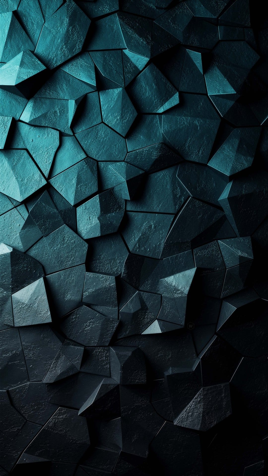 Teal and dark blue irregular polygonal fragments with stone textures arranged in a deep, shadowed tessellation.