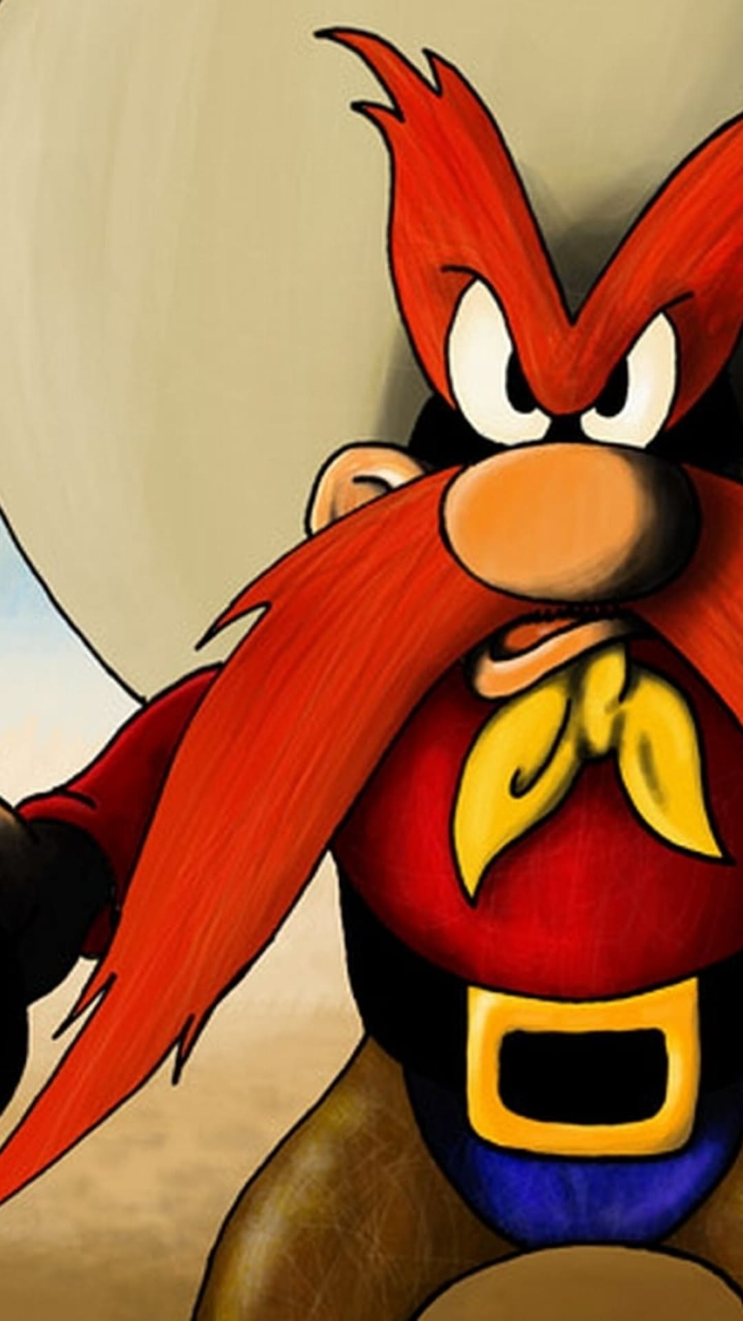 Yosemite Sam wears a large cowboy hat and red shirt with his signature long red mustache and yellow bandana.