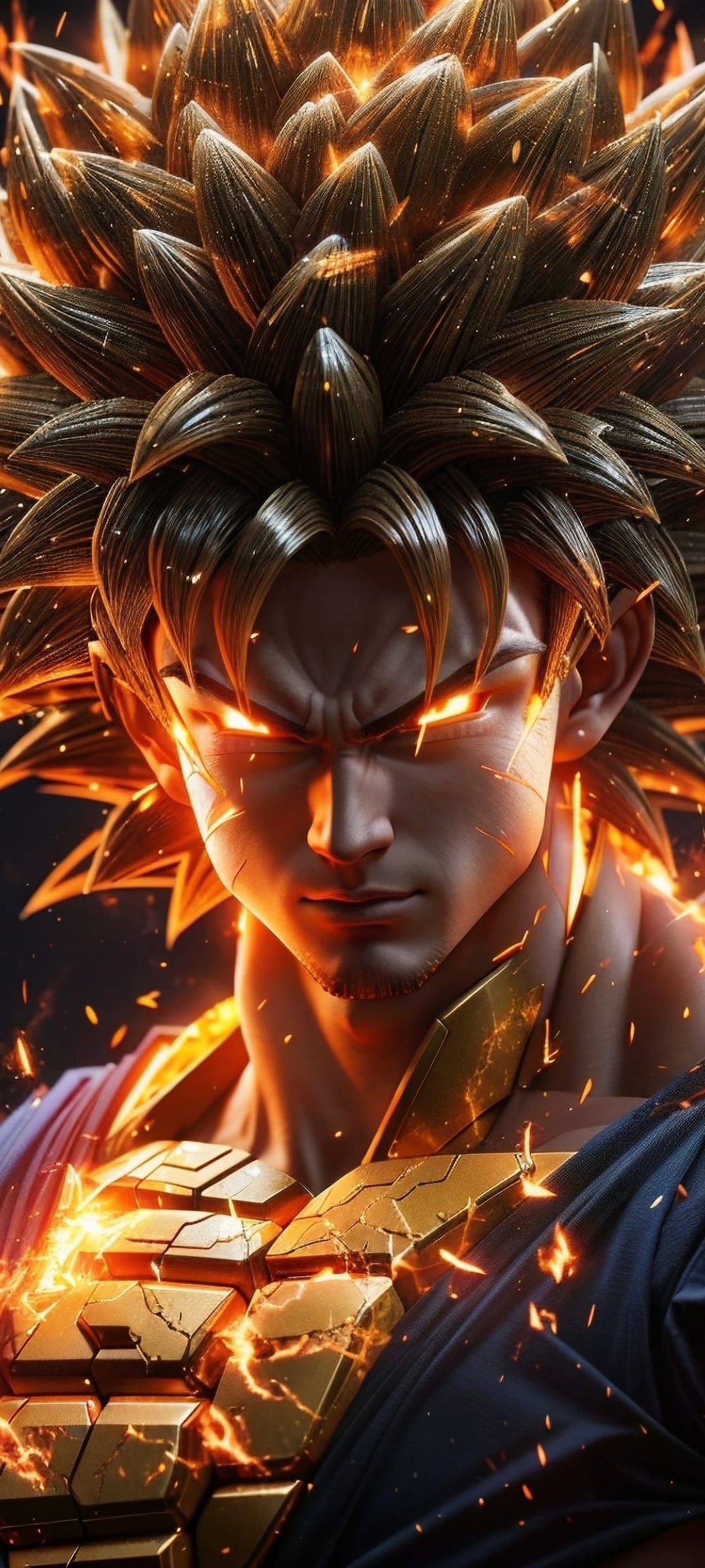 Goku with glowing orange eyes and golden spiked hair surrounded by fiery energy and detailed combat gear.