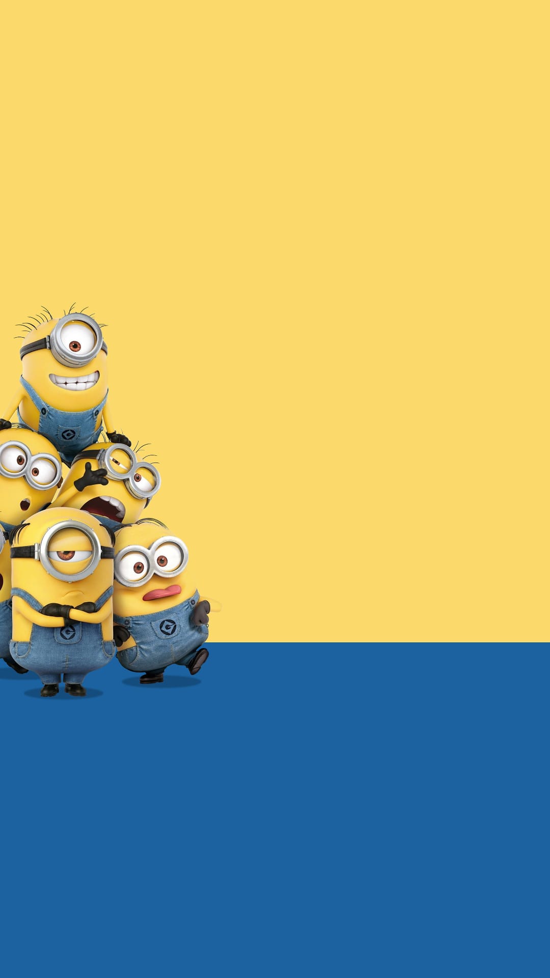 Minions stacked in a vertical tower wearing blue overalls against a vibrant split yellow and blue background.
