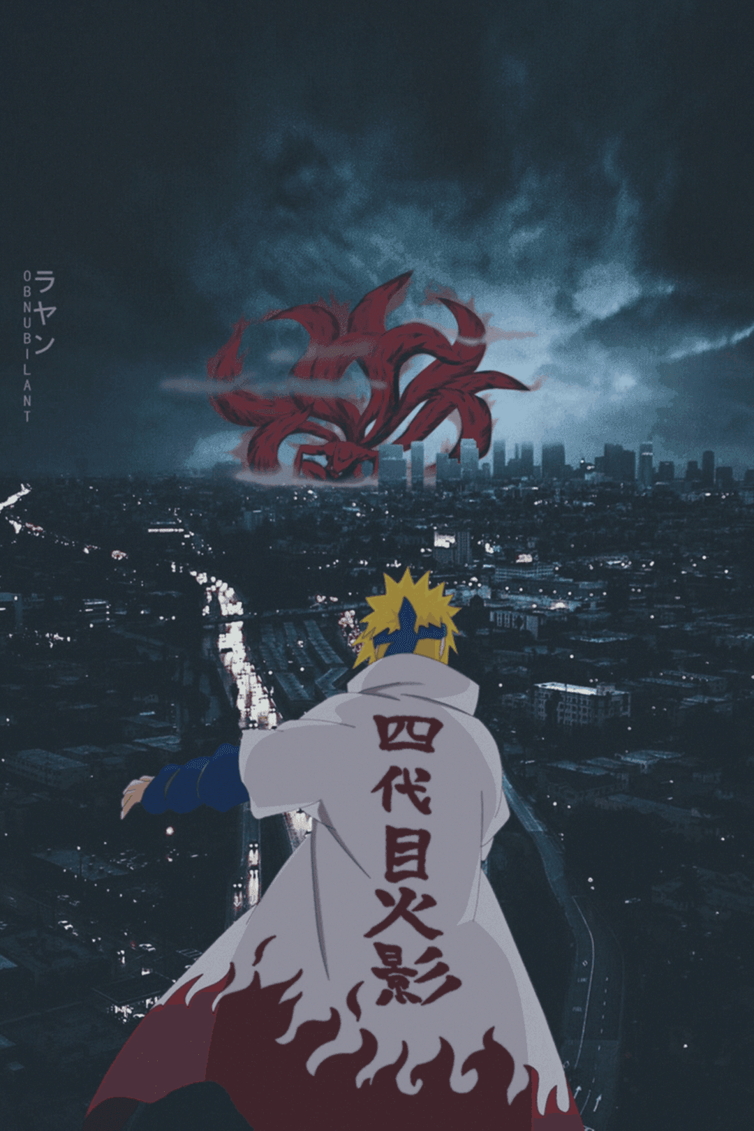 Minato Namikaze in a flame-patterned cloak stands before the massive glowing-eyed Nine-Tails above a night city.