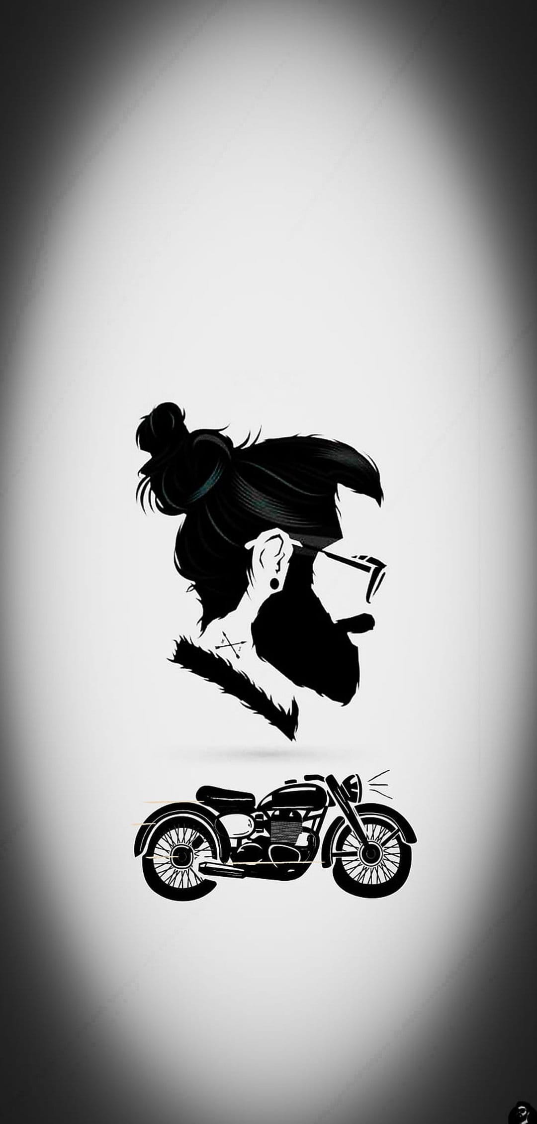 Bearded man with a bun and glasses above a motorcycle silhouette against a high-contrast spotlight background.