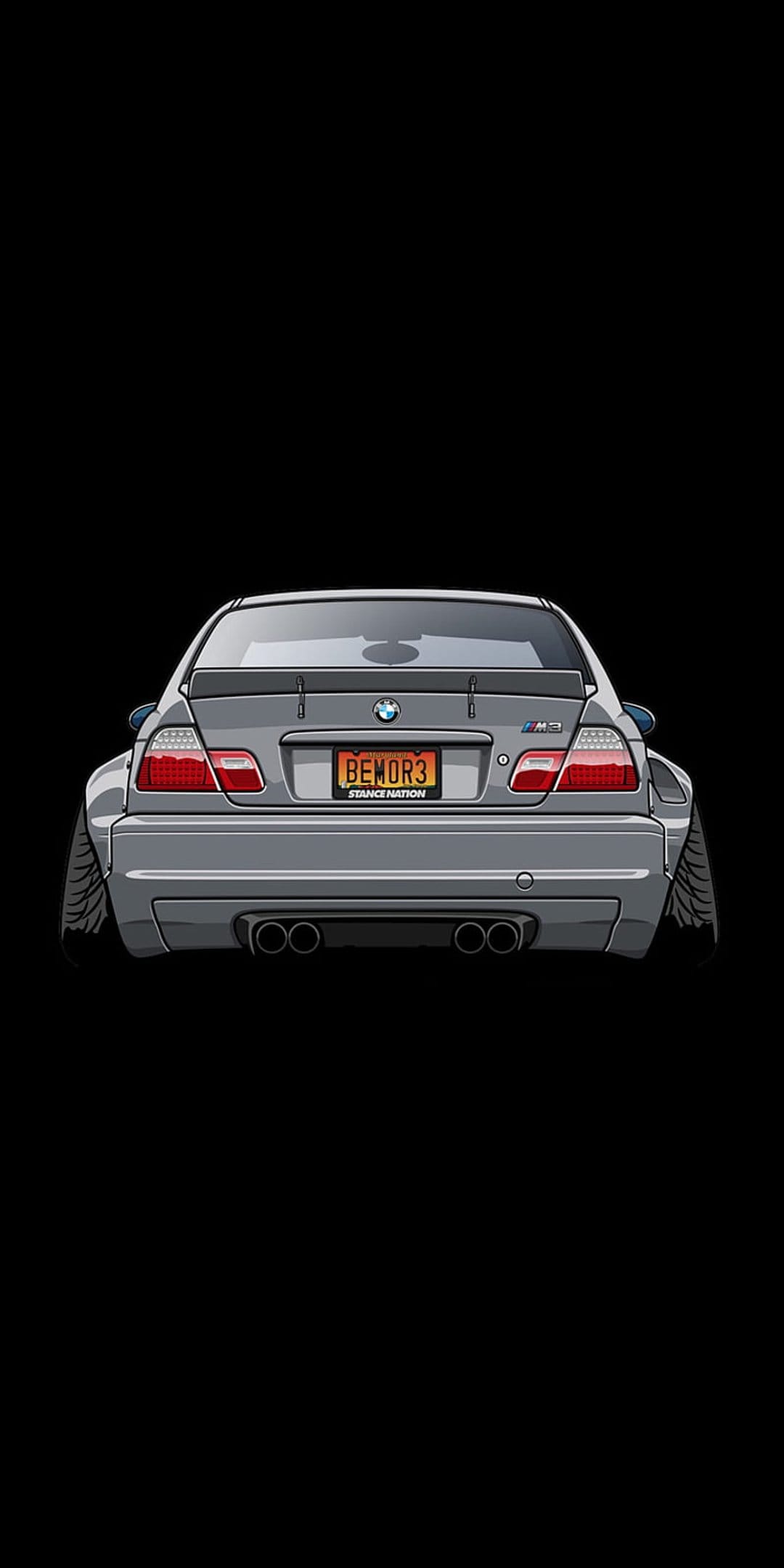BMW M3 E46 rear view with a widebody kit, glowing red taillights, and dual exhaust on a dark background.