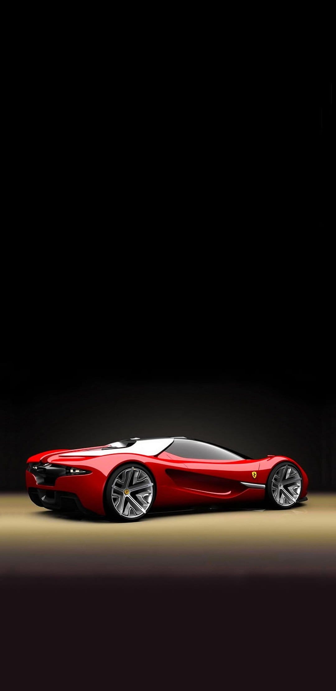 Crimson Ferrari concept vehicle featuring silver rims and a sleek aerodynamic body against a black background.