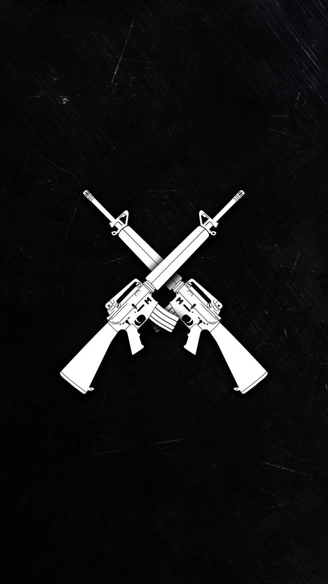 Crossed white AR-15 rifles forming a symmetrical X-shape over a dark, grainy black monochromatic background.