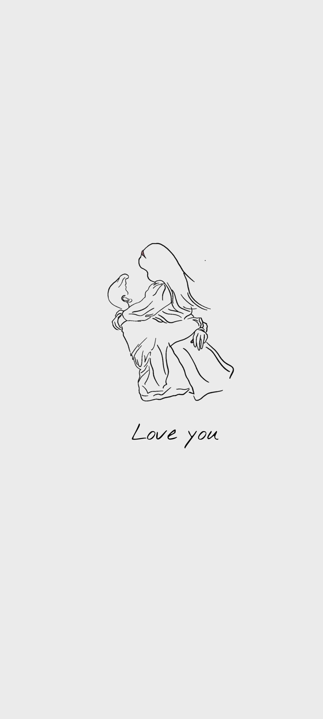 Two lovers in a close embrace using minimalist black lines with handwritten love you text centered below.