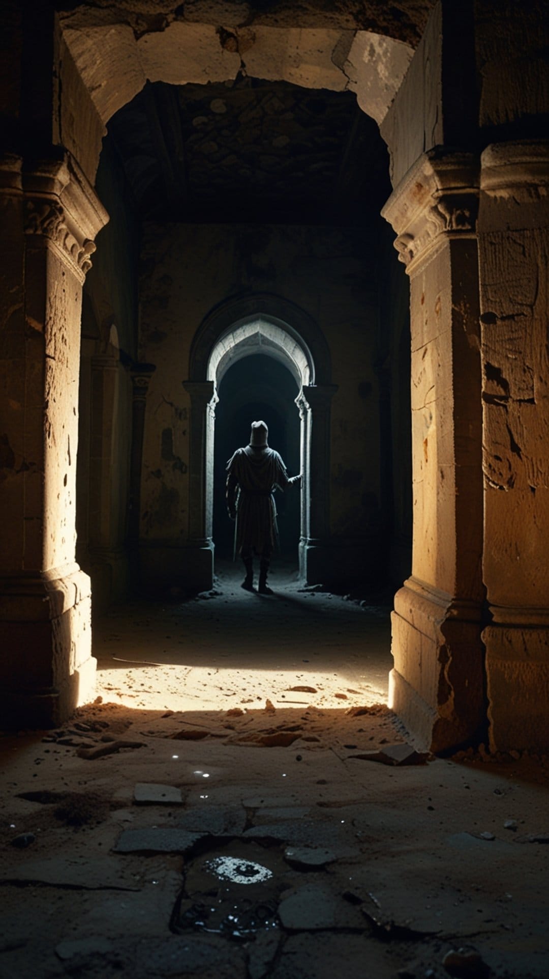 Cloaked figure walks through a ruined corridor as beams of light illuminate the dusty stone floor and debris.