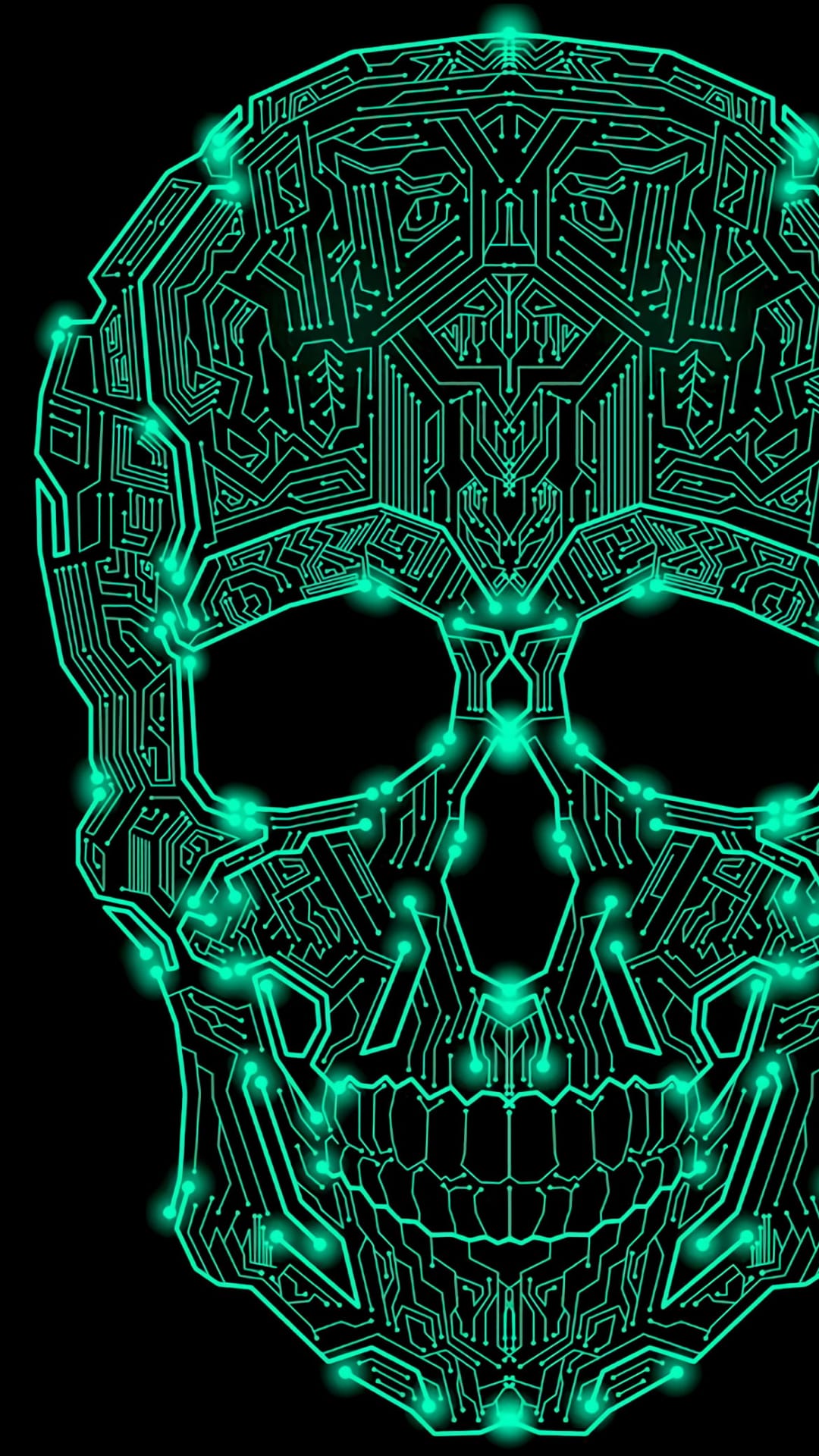 Human skull formed by glowing green circuit board traces and illuminated nodes against a black background.