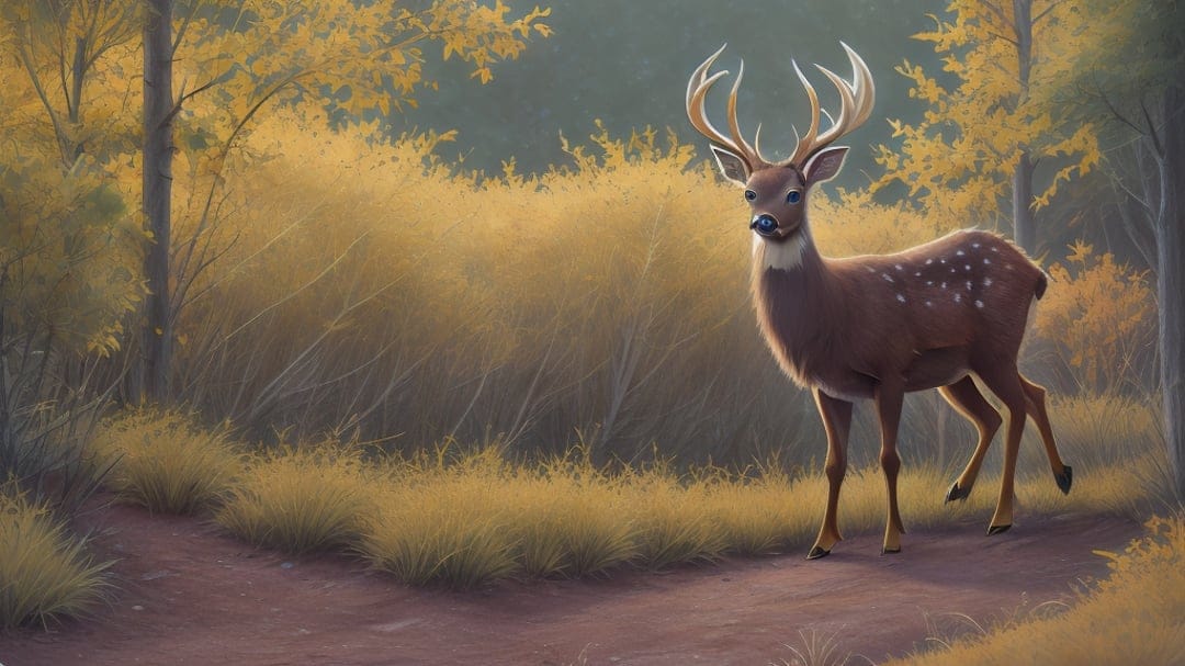 Large male deer with impressive antlers stands on a dirt trail amidst golden autumn trees and yellow grass.
