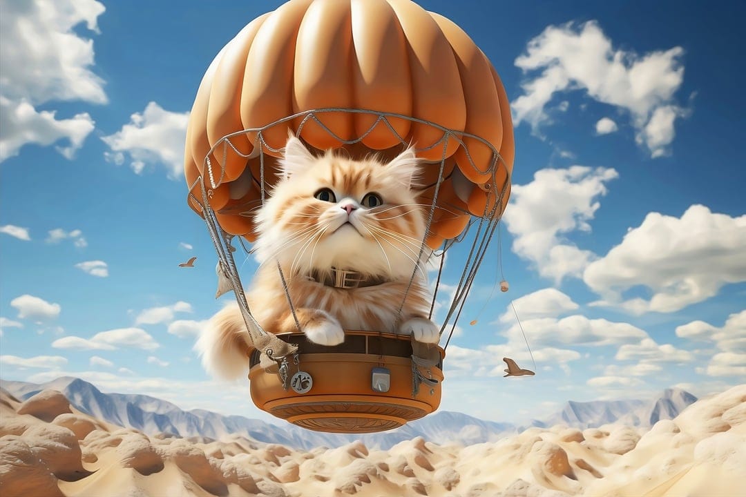 Ginger cat sits inside a hot air balloon basket overlooking vast desert dunes under a bright blue cloudy sky.