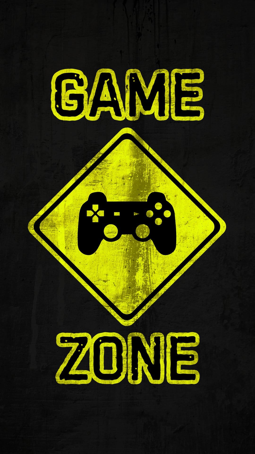 Yellow caution sign with a black controller silhouette and distressed Game Zone text on dark texture.