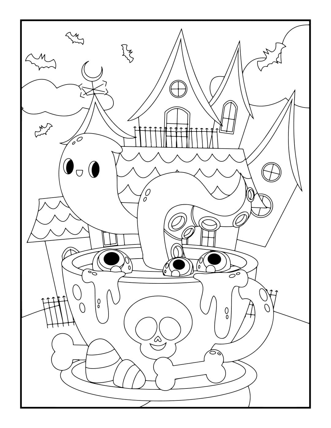 Halloween ghost coloring page featuring a cartoon ghost in a cauldron with bats and a spooky haunted house.
