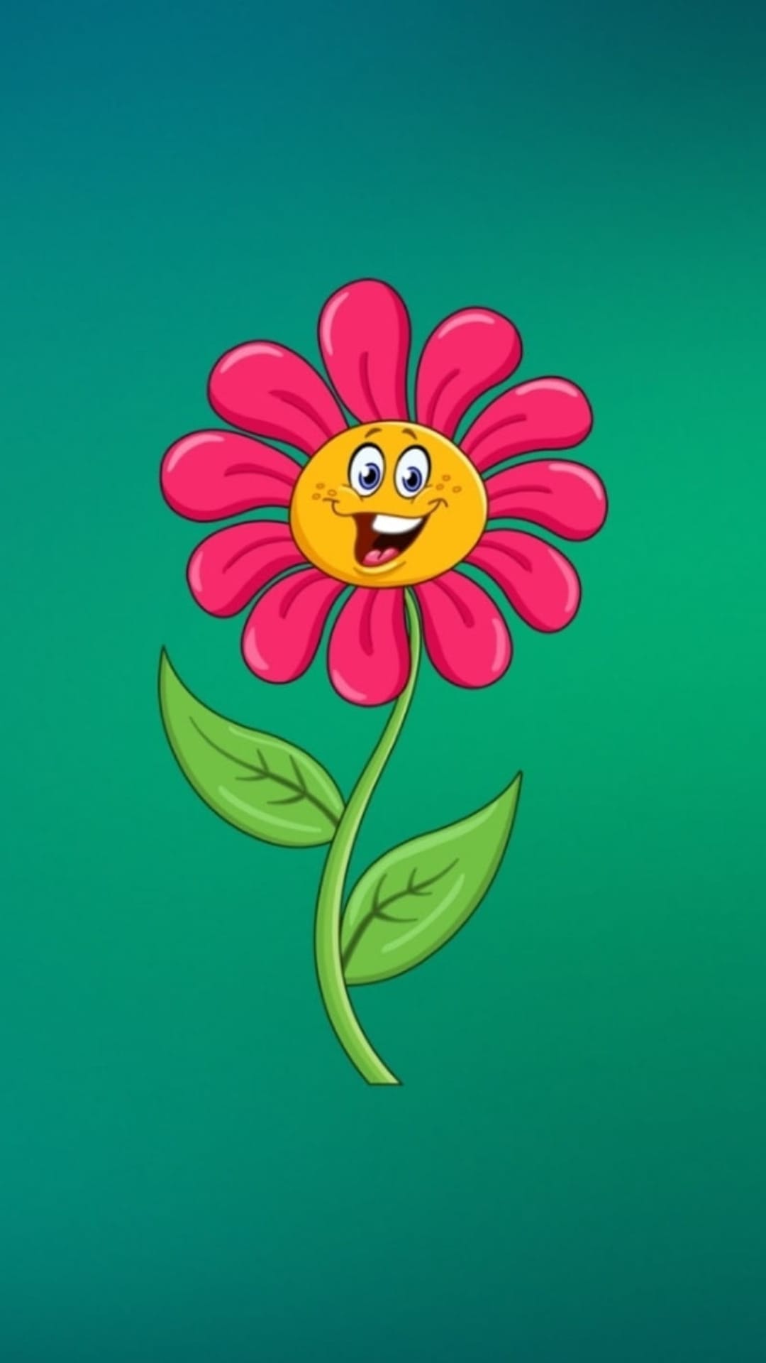 Pink cartoon flower with a smiling yellow face and blue eyes stands on a green stem against a teal background.