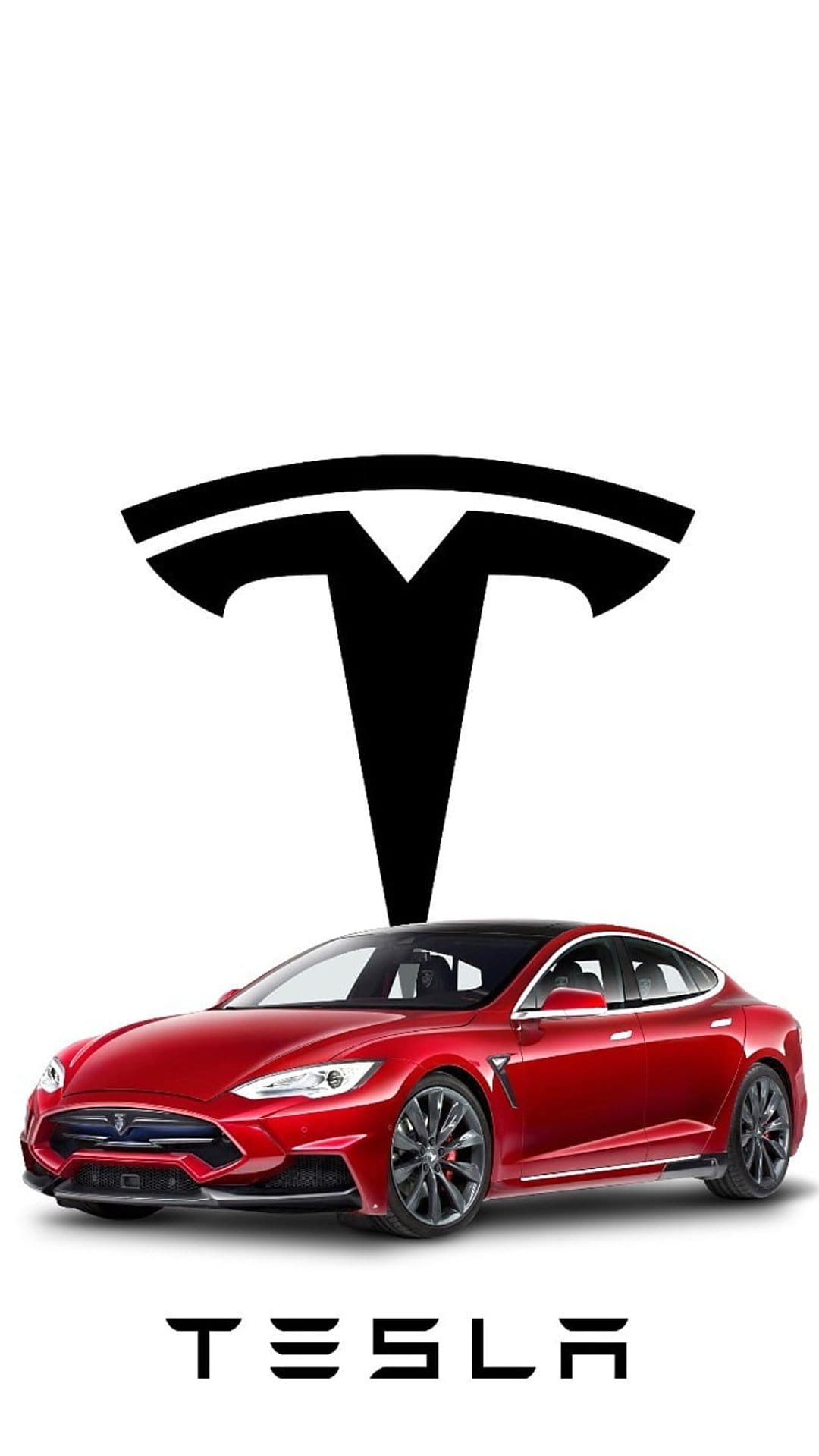 Red Tesla Model S electric sedan centered between a black logo and bold wordmark on a white background.