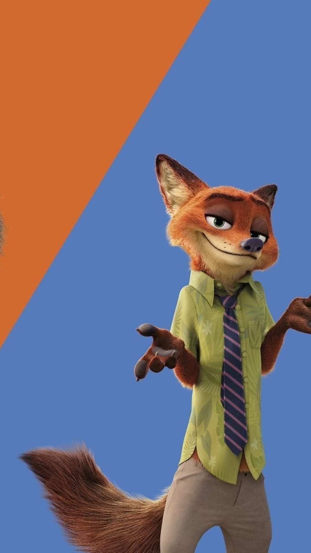 Nick Wilde wears a green Hawaiian shirt and striped tie while shrugging against an orange and blue background.