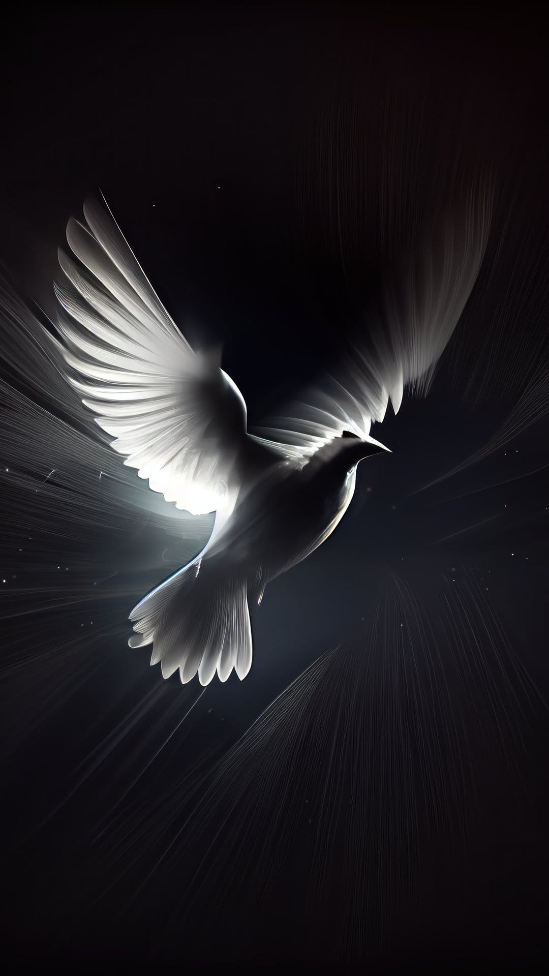 White dove with outstretched wings flying through bright light rays and glowing dust against a dark background.