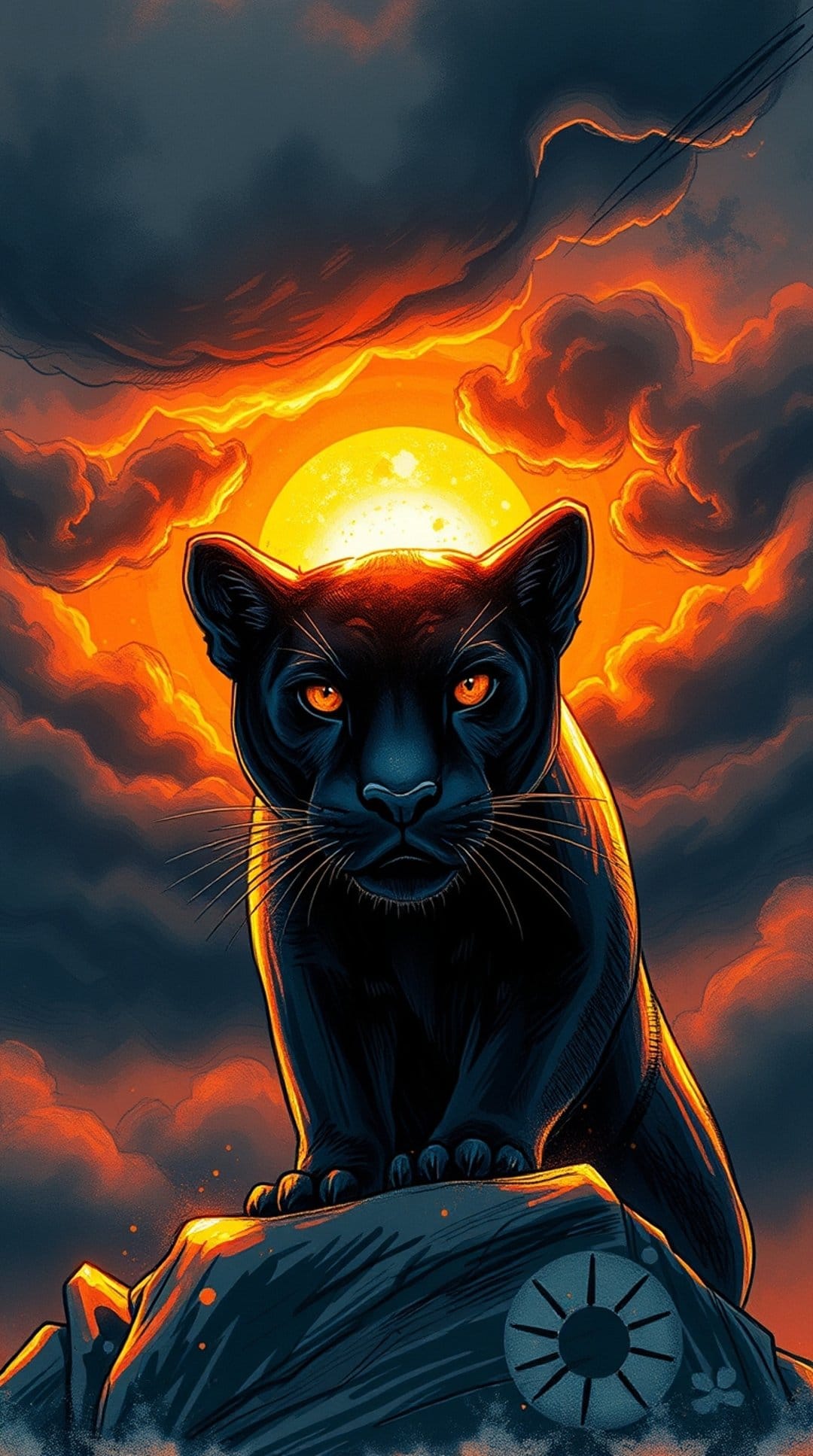 Black panther with glowing orange eyes sits on a rock during a vibrant orange and red sunset with thick clouds.
