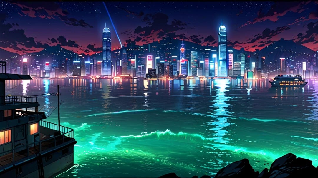 Illuminated skyscrapers reflect across glowing neon green ocean waves as a small boat sails during a dark dusk.