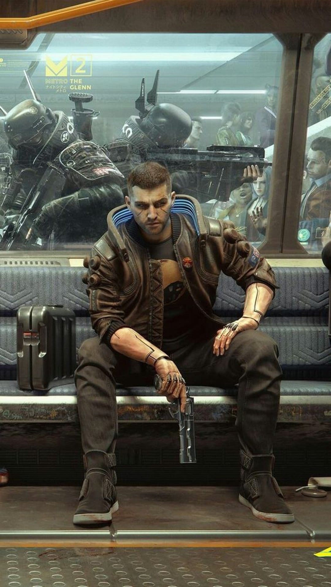 Man with a cybernetic arm holds a gun while sitting on a futuristic subway train with neon lights.