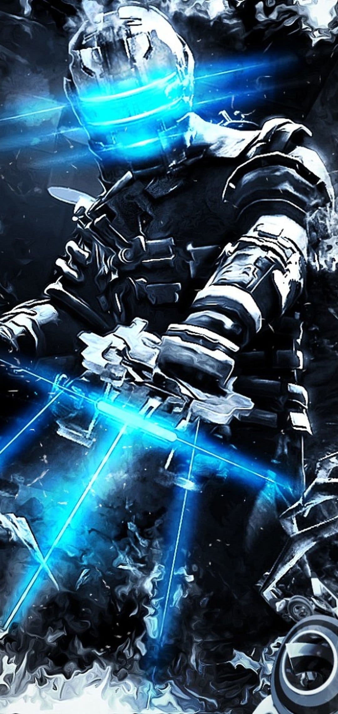 Isaac Clarke with glowing blue helmet slits aiming a plasma cutter with laser sights in a dark sci-fi scene.