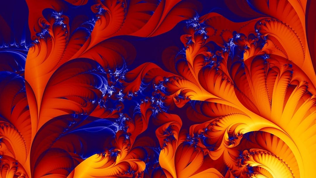 Swirling red and orange fractal petals expand outward against a deep purple and blue atmospheric background.
