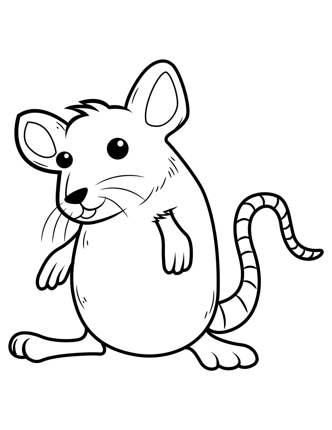 Mouse line art featuring a seated rodent with large round ears, segmented tail, and black ink outlines.