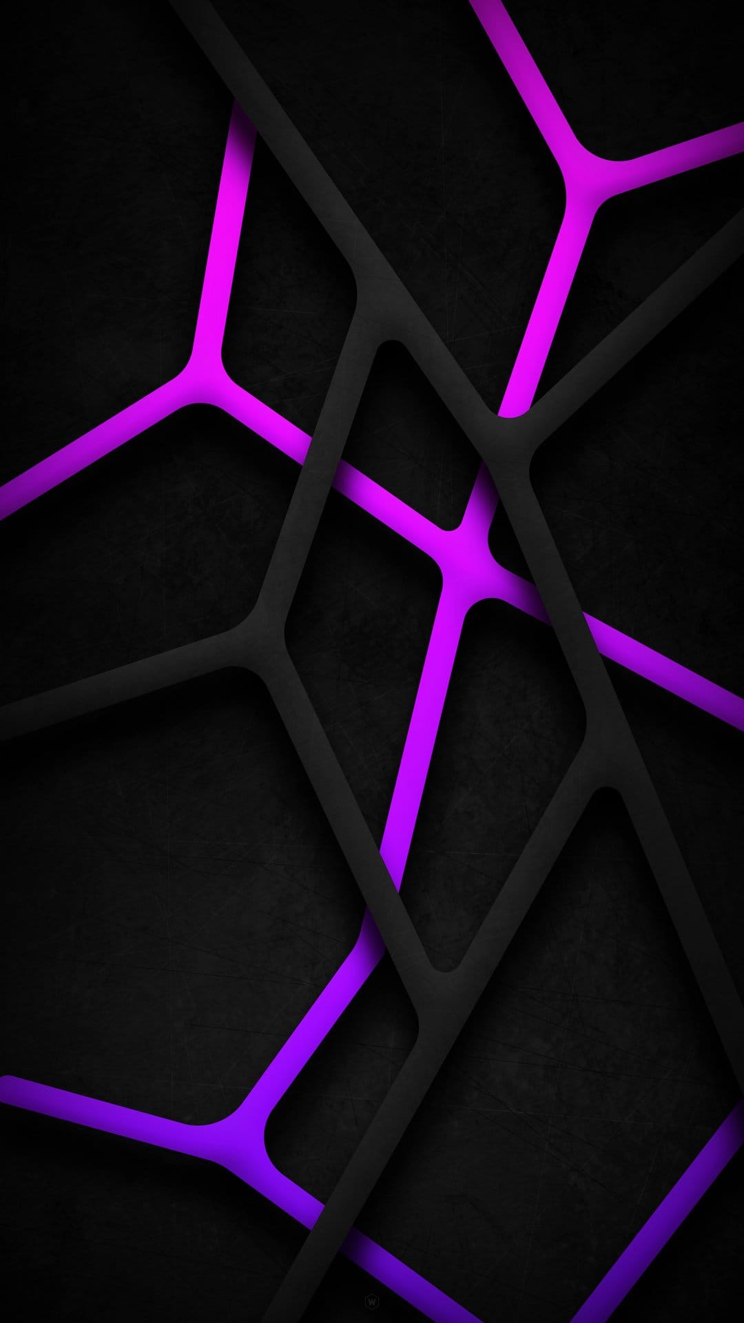 Intersecting violet neon lines glow against a dark textured background with sharp geometric shapes and deep shadows.