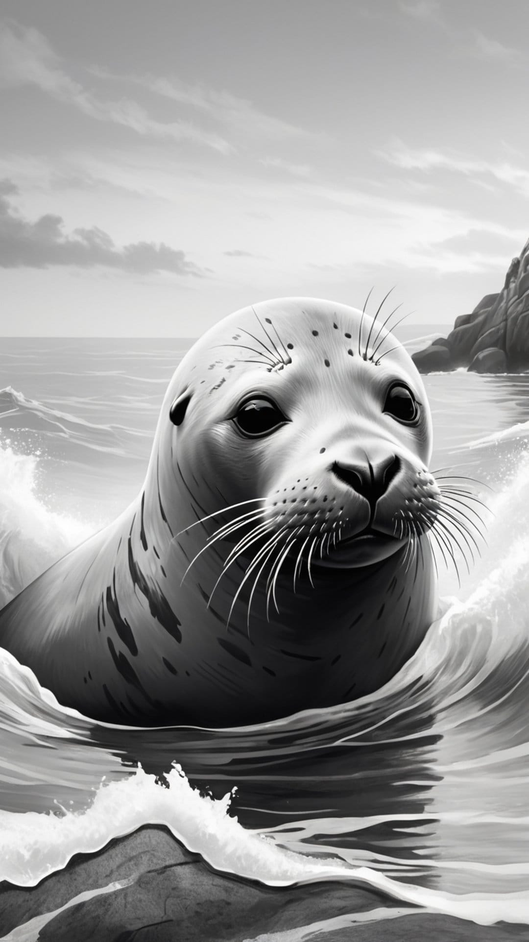 Harbor seal with wet whiskers surfacing from choppy ocean water in a black and white vertical portrait.
