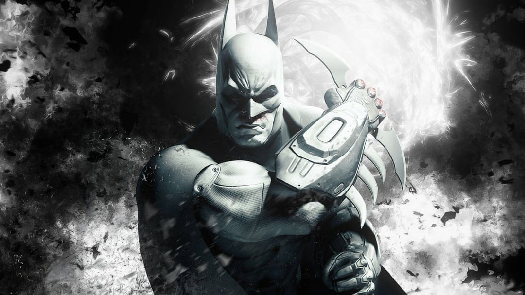 Batman in a gritty black and white pose holding batarangs with intense lighting and smoke in the background.
