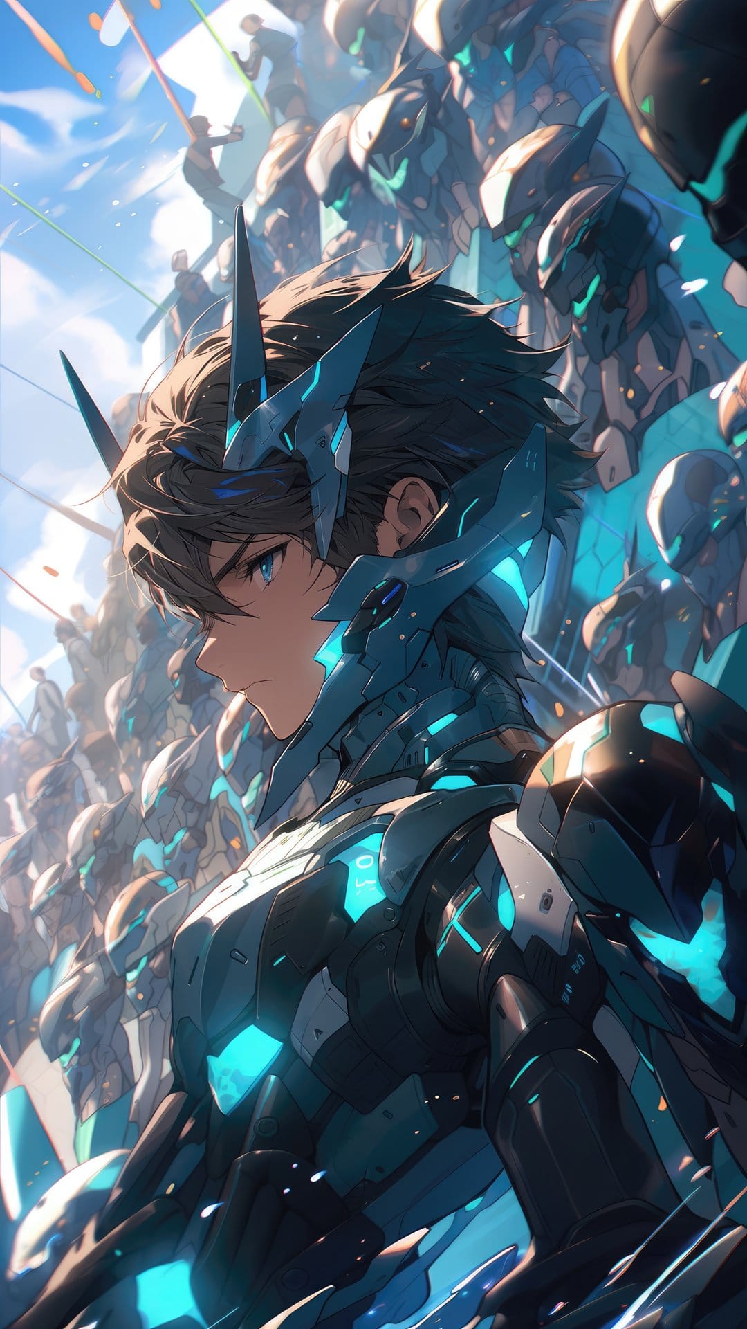 Anime boy in glowing blue armor stands before a massive robotic army on a bright, debris-strewn battlefield.
