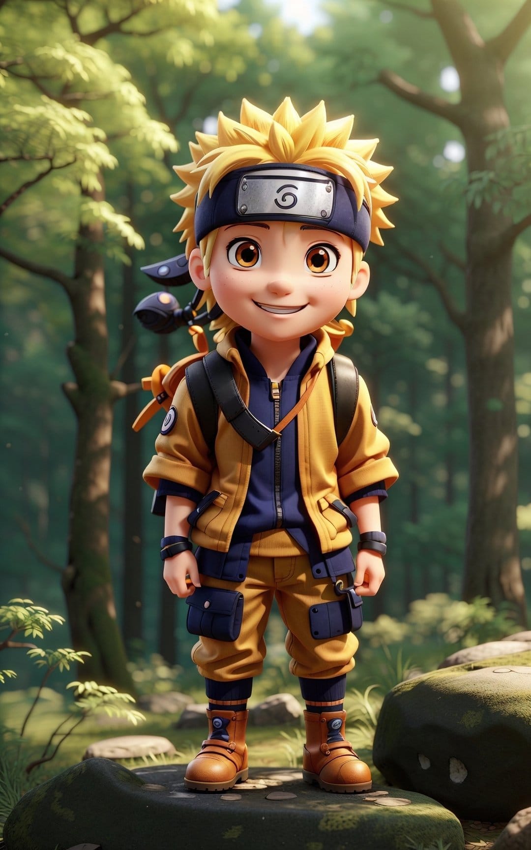 Naruto Uzumaki wearing an orange jumpsuit and backpack stands in a sunny forest with green leaves and soft light.