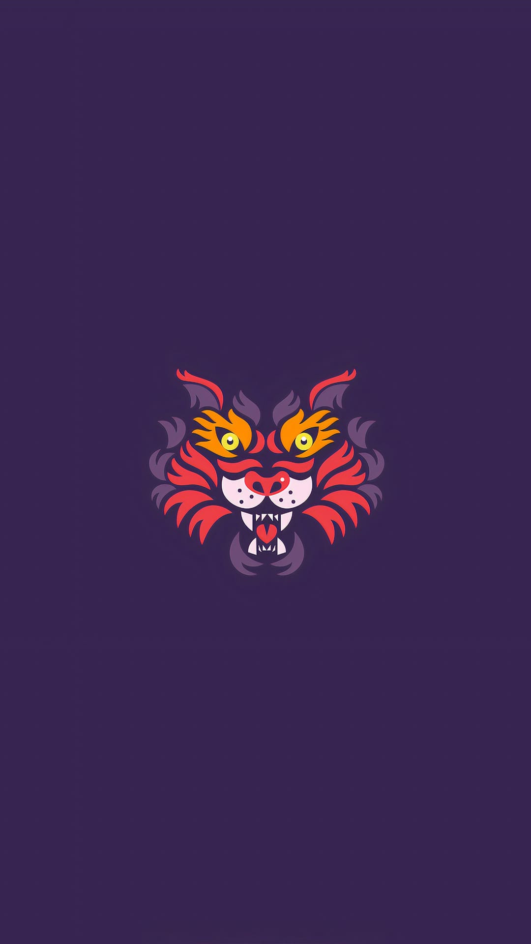 Roaring tiger face with sharp fangs and fiery orange fur set against a solid dark purple background.