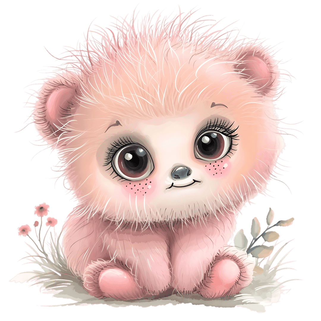 Pink fluffy teddy bear illustration sitting among small pink flowers and green grass on a black background.