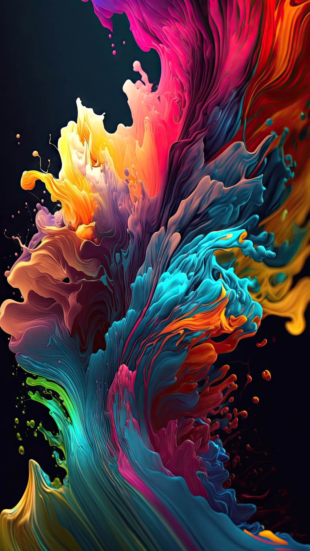 Swirling neon paint droplets in magenta and cyan erupting from a central point against a black backdrop.