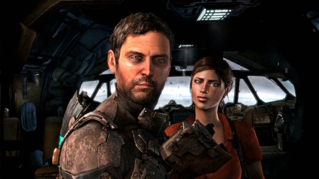 Isaac Clarke and Ellie Langford inside a dark spaceship cockpit with detailed textures and cinematic lighting.