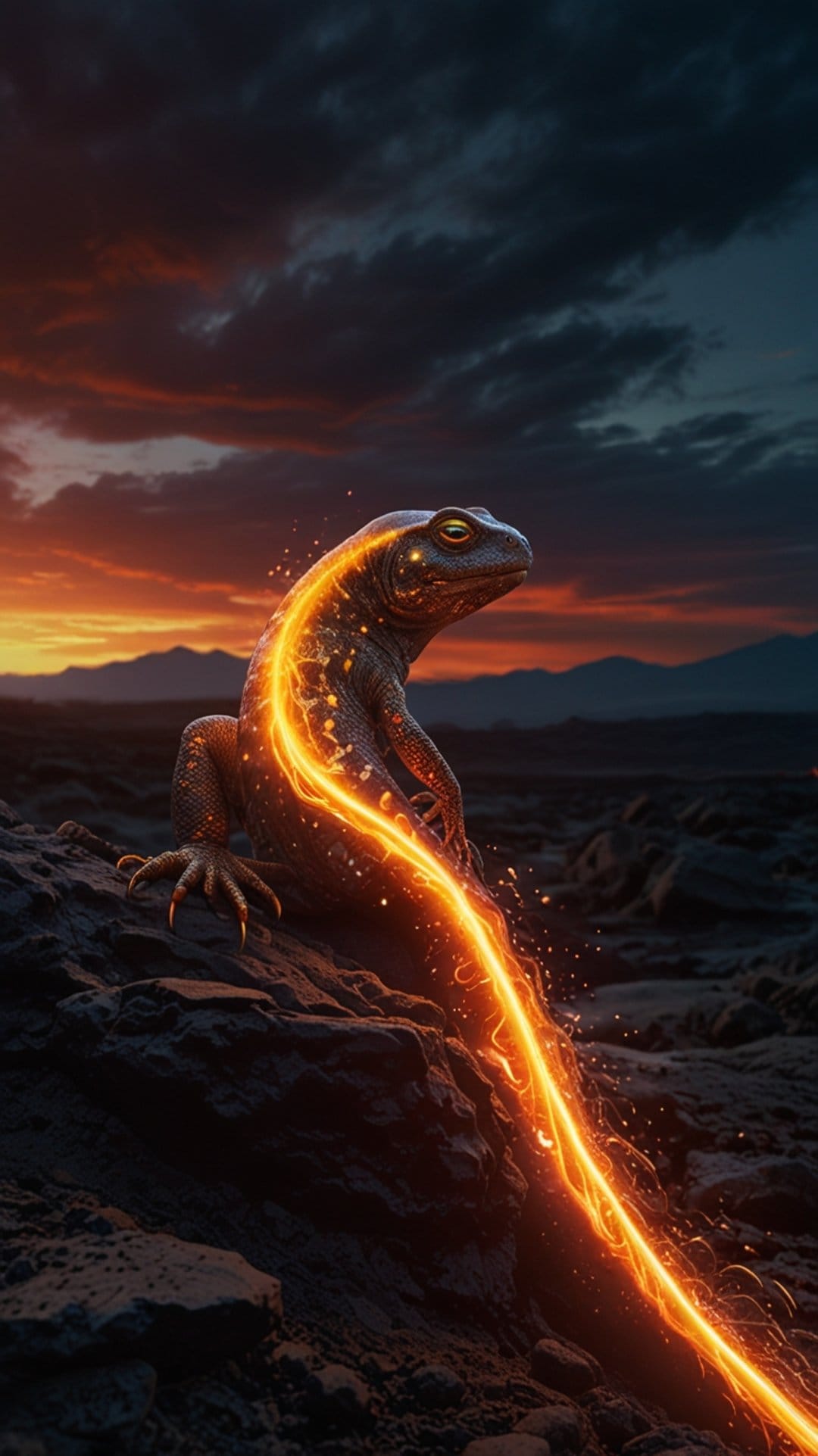 Glowing lizard with fiery scales sits on dark rocks against a swirl of orange and blue sunset clouds.