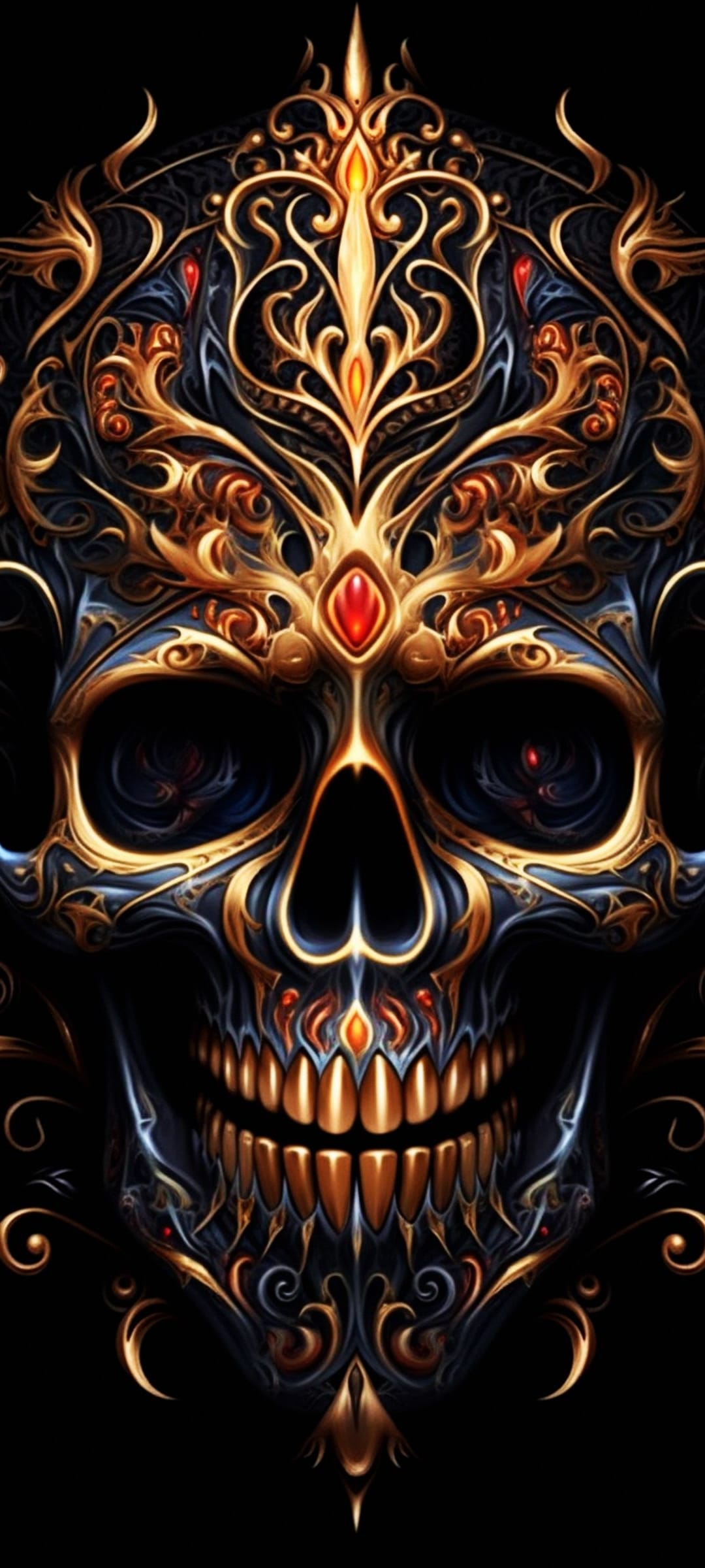 Golden skull with intricate filigree patterns and red gems on its forehead and jaw against a black background.