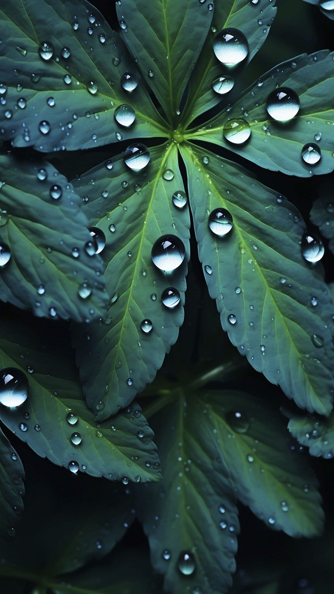 Lush green leaf veins hold clear, spherical raindrops reflecting light in a detailed botanical macro scene.