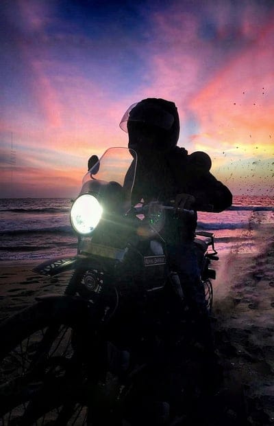 RE Himalayan, rainbow, horizon, bike, beach, sunset, waves, mobile wallpaper, android wallpaper, iPhone wallpaper, phone wallpaper