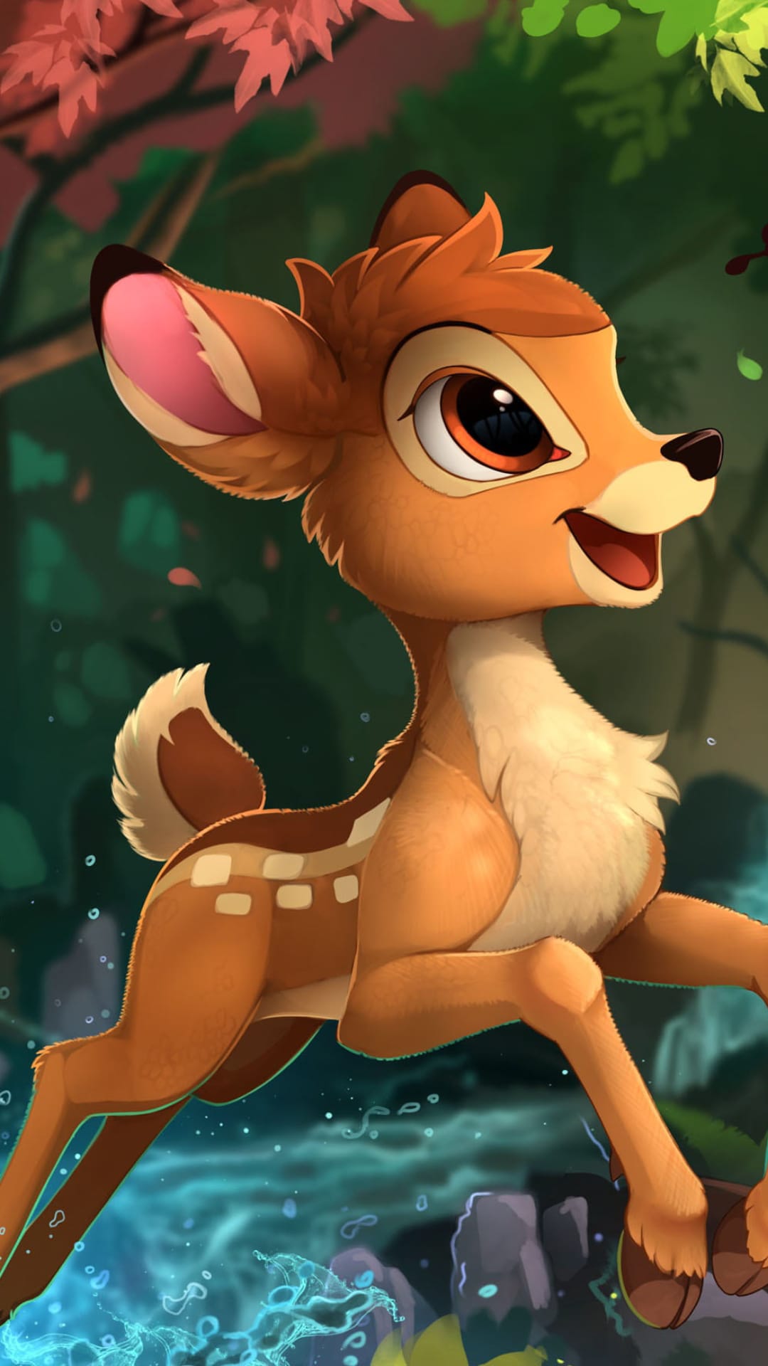 Young fawn jumping over a sparkling forest creek surrounded by autumn leaves and lush green woodland trees.