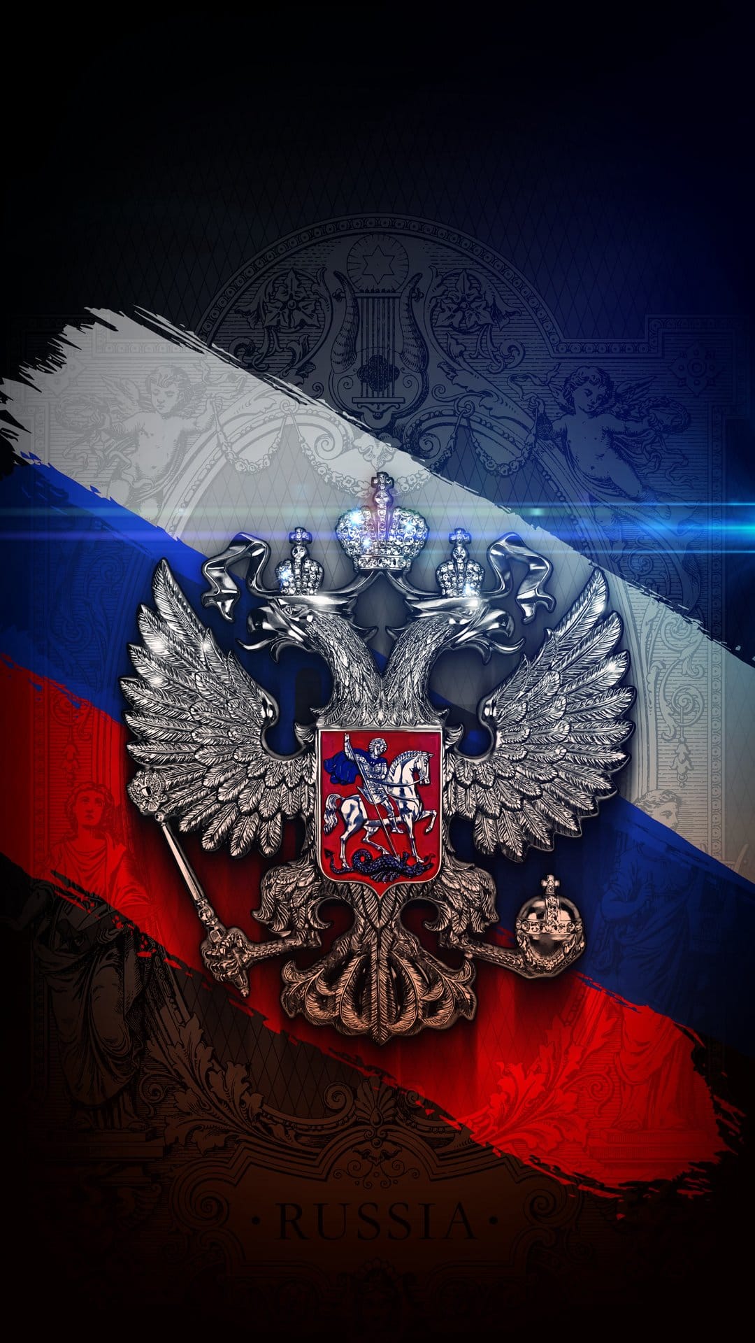 Golden double-headed eagle crest centered over a textured red, white, and blue tricolor flag with brush strokes.