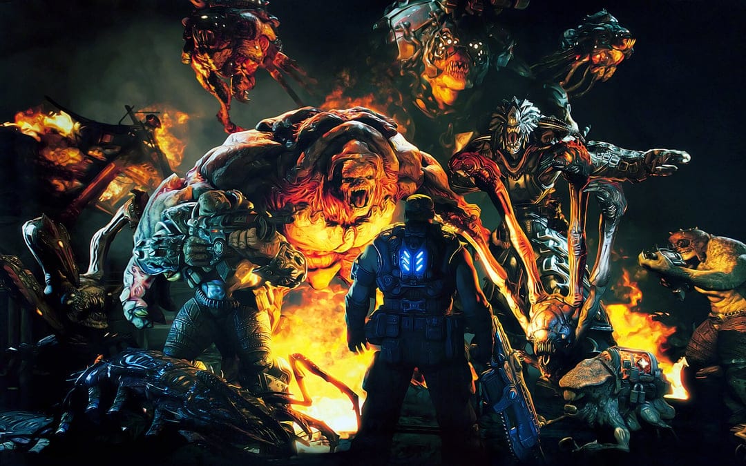 Soldier with glowing blue armor facing a massive horde of snarling monsters amidst orange flames and shadows.