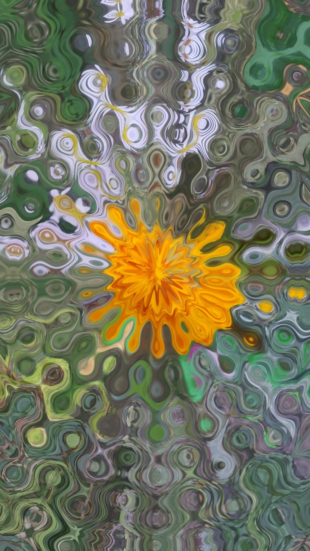 Yellow flower with wavy petals centered on a backdrop of distorted green and white liquid swirls and patterns.