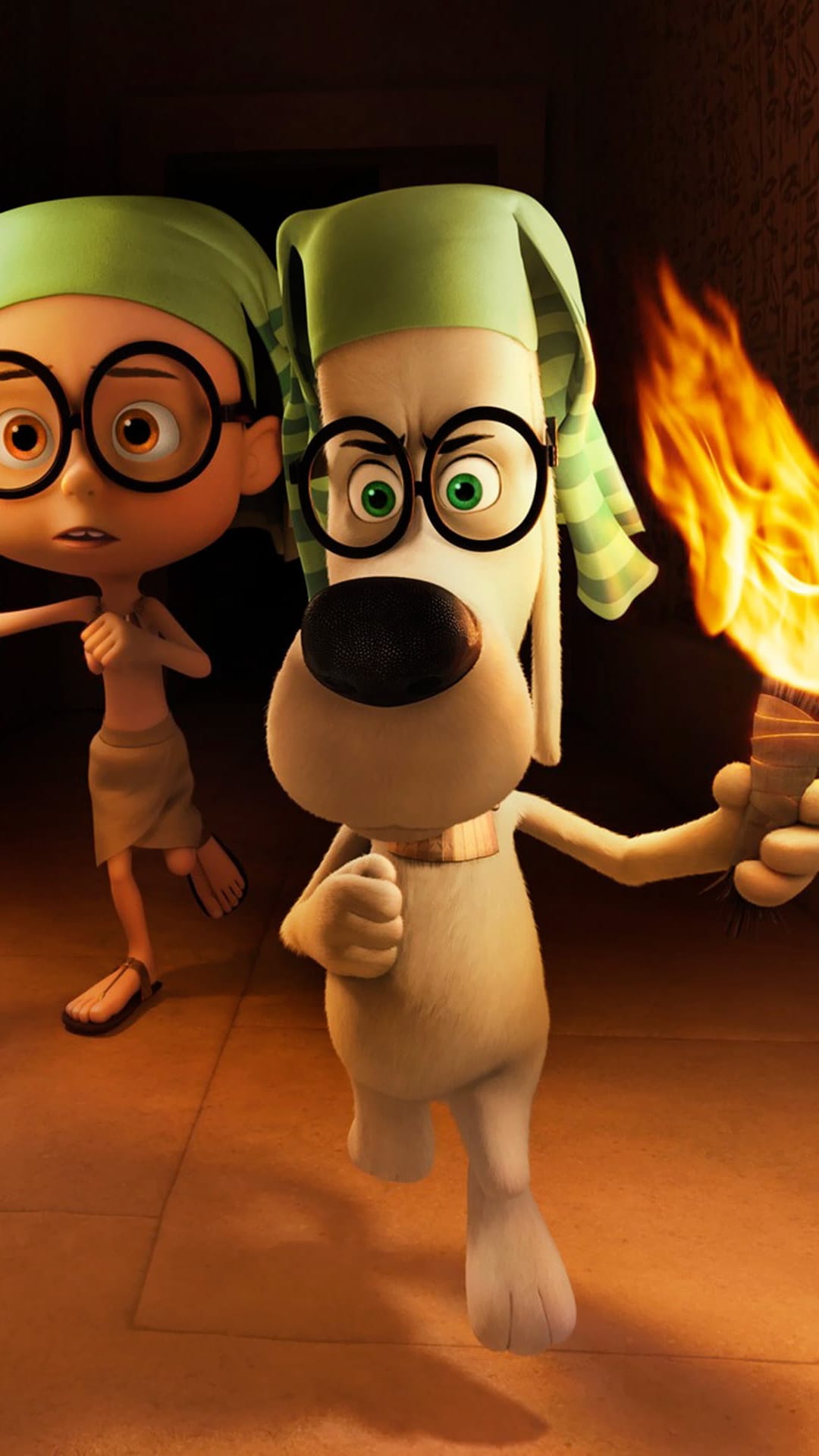 Mr. Peabody the dog holds a flaming torch beside Sherman inside a dark stone tomb with ancient carvings.