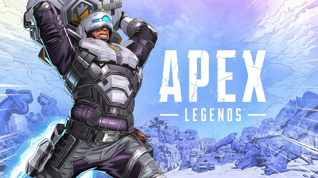 Newcastle from Apex Legends lifts a large shield over his head against a blue Storm Point island landscape.