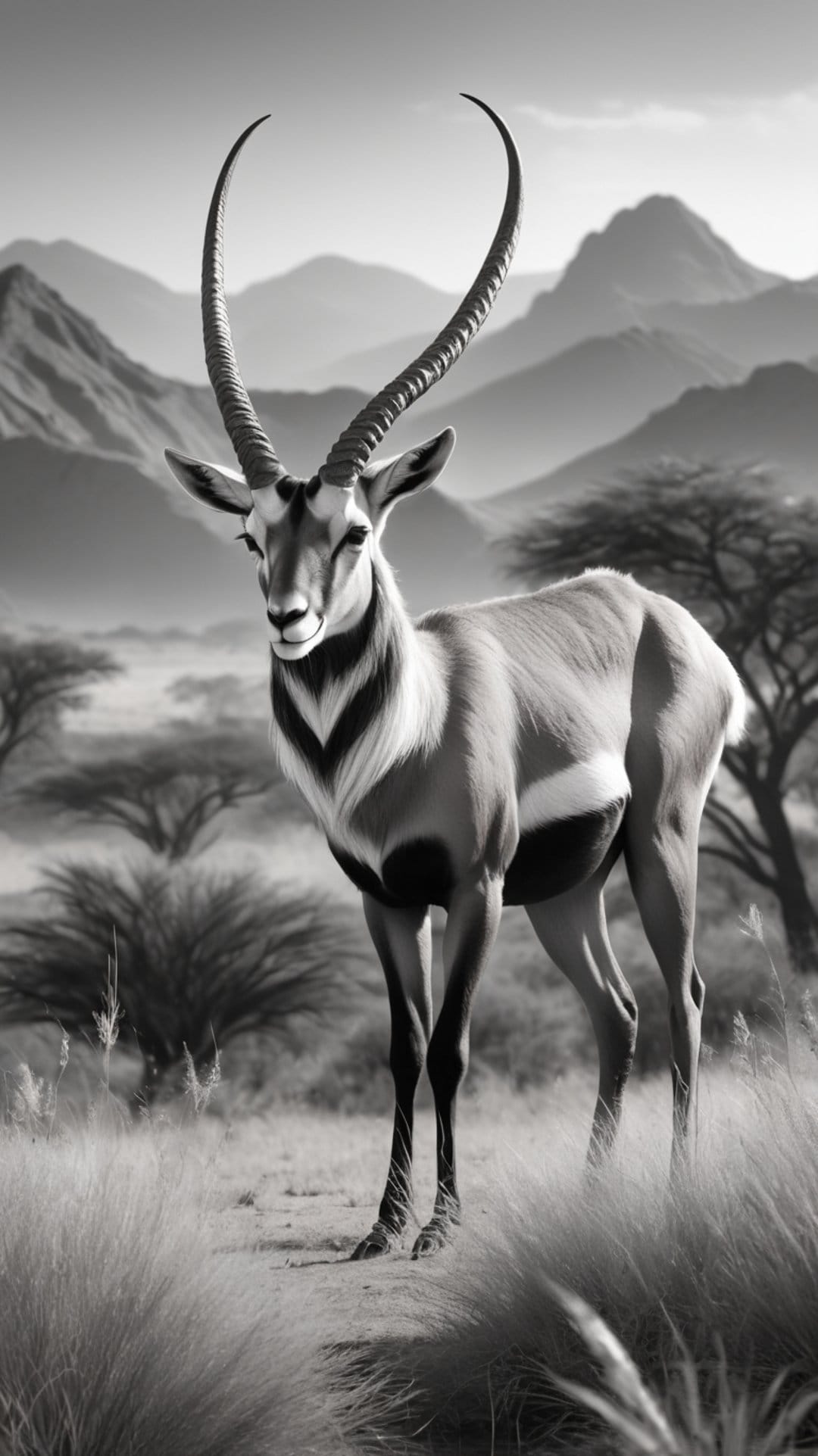 Oryx with long curved horns stands in tall grass with mountains and acacia trees in a black and white photo.