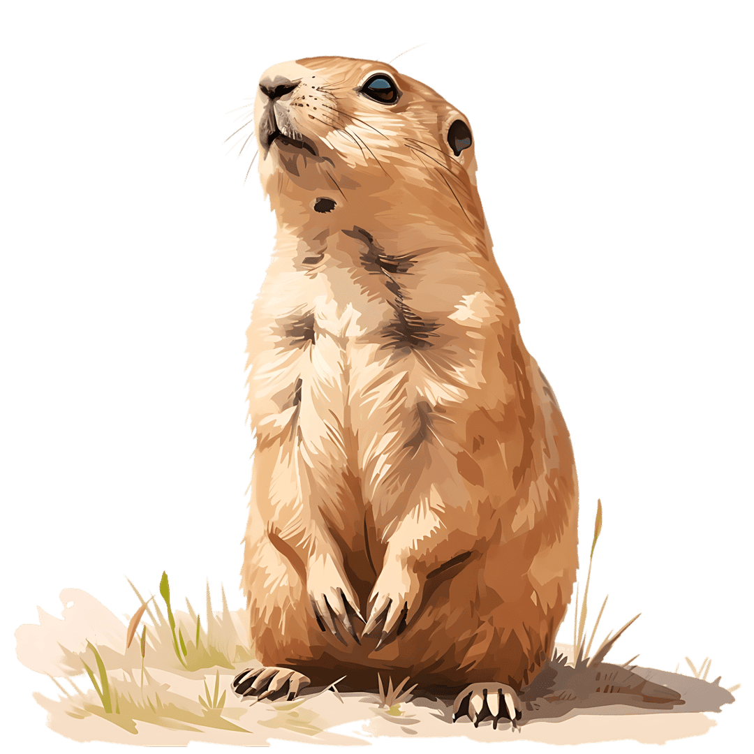 Prairie dog standing upright on hind legs in green grass with detailed sandy fur and an alert expression.