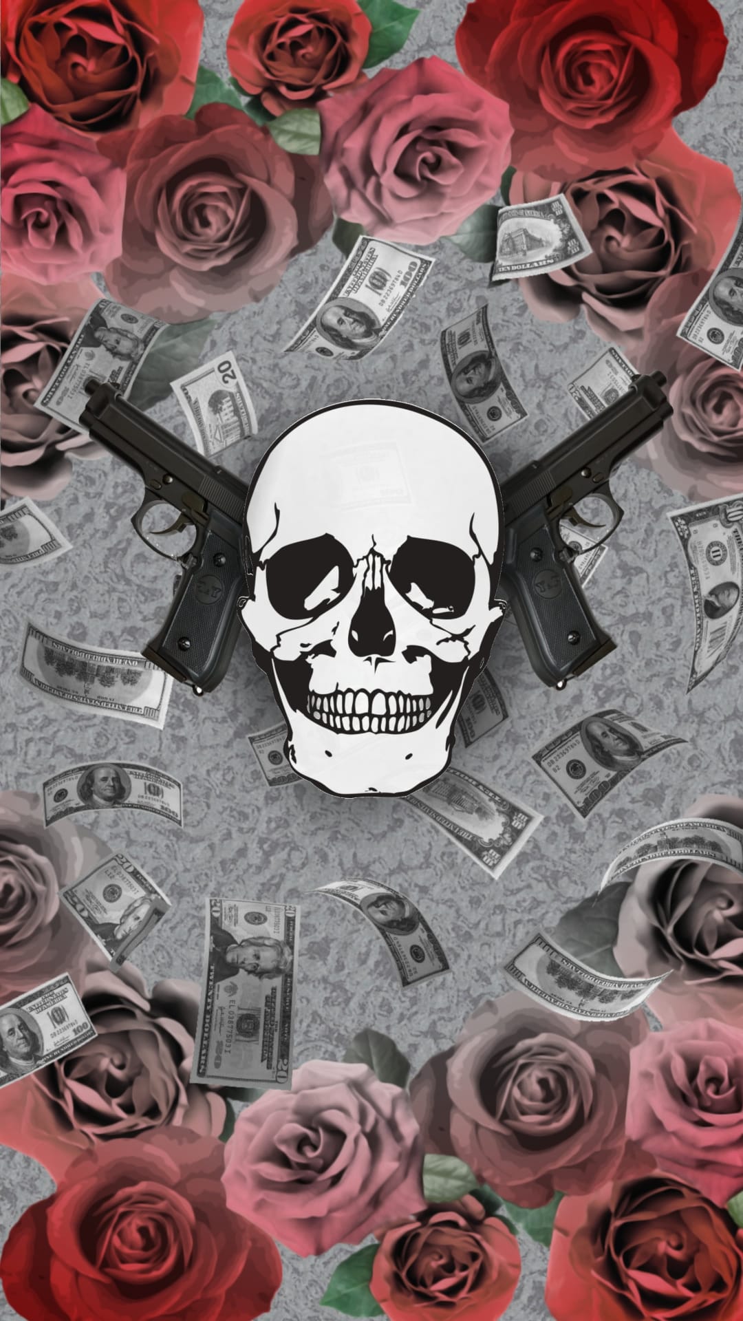 Human skull centered between crossed handguns and red roses over scattered currency with a dark atmosphere.